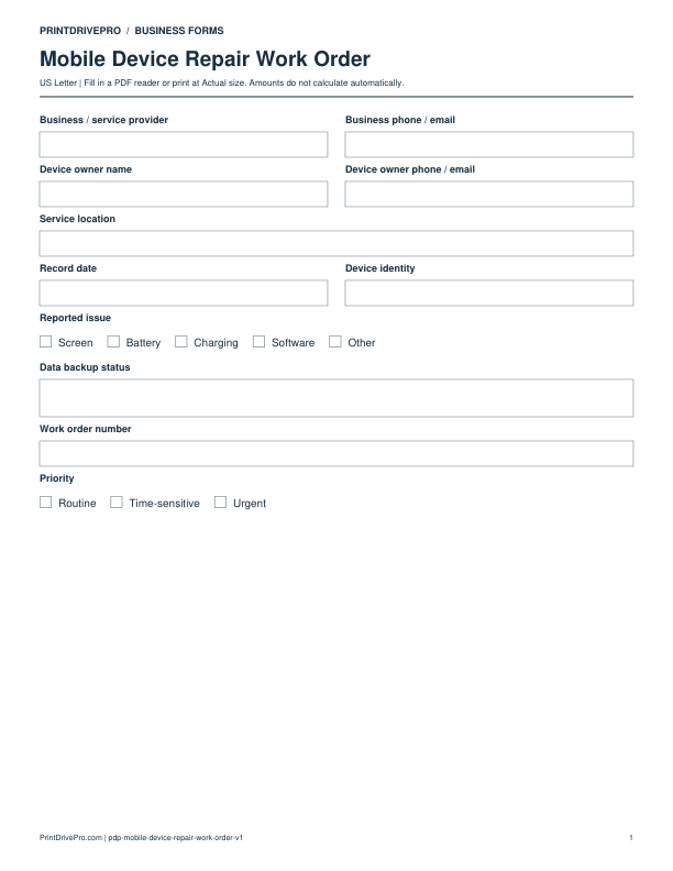 Preview of Mobile Device Repair Work Order