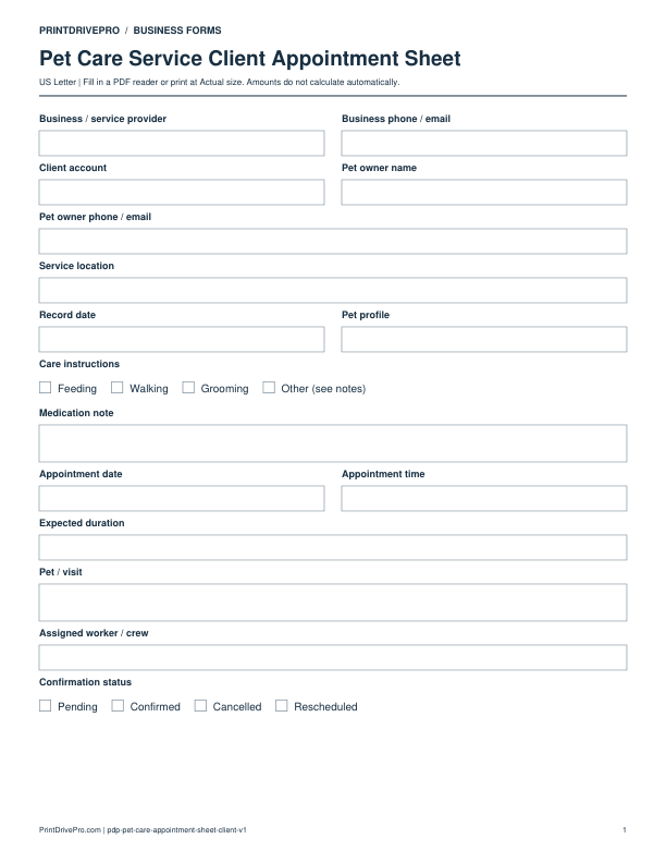 Preview of Pet Care Service Client Appointment Sheet