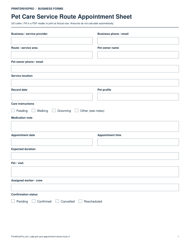 Preview of Pet Care Service Route Appointment Sheet