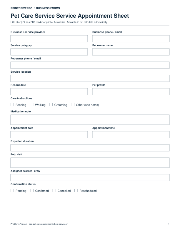 Preview of Pet Care Service Service Appointment Sheet