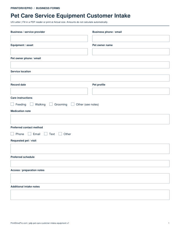 Preview of Pet Care Service Equipment Customer Intake