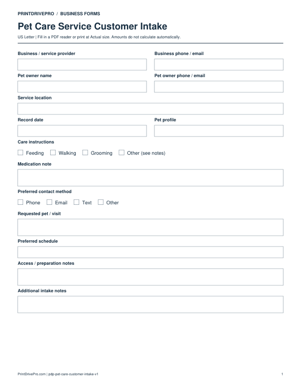 Preview of Pet Care Service Customer Intake