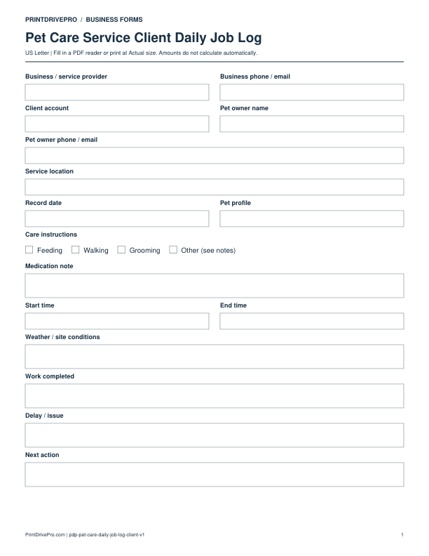 Preview of Pet Care Service Client Daily Job Log