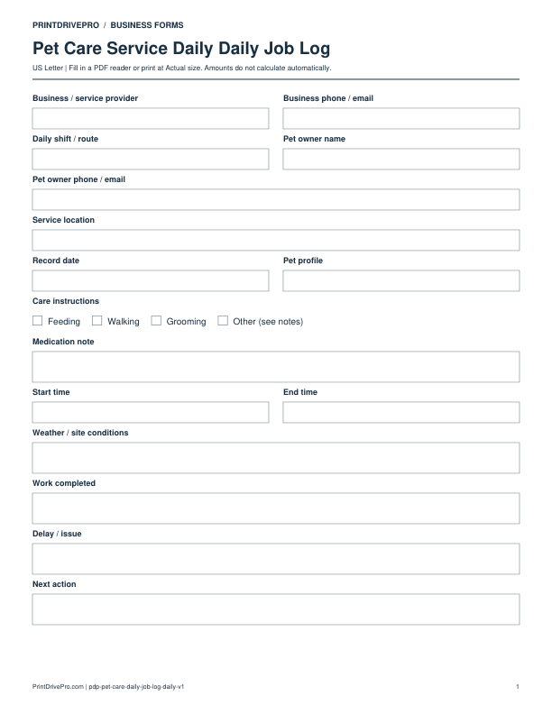 Preview of Pet Care Service Daily Daily Job Log