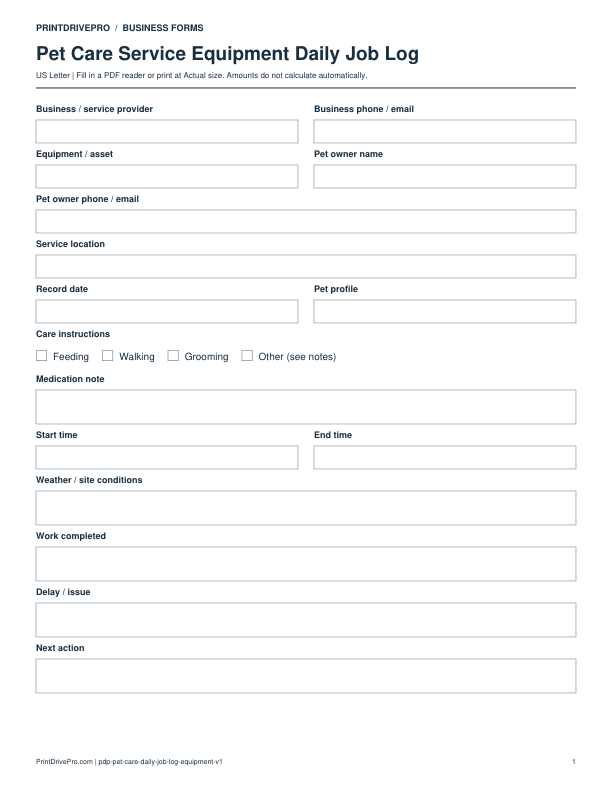 Preview of Pet Care Service Equipment Daily Job Log
