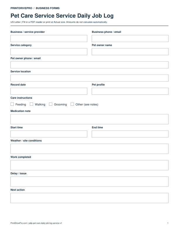 Preview of Pet Care Service Service Daily Job Log