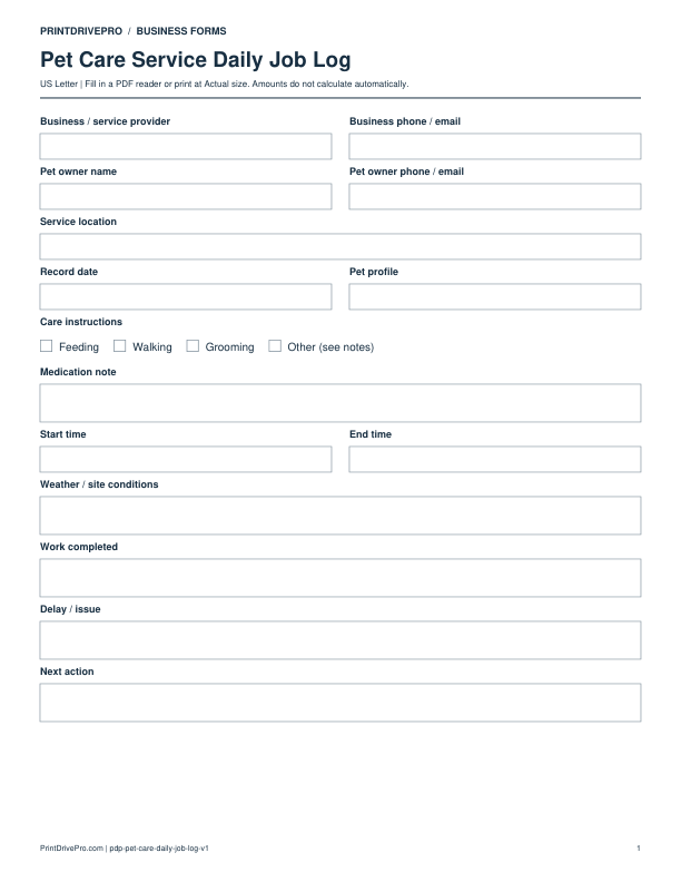 Preview of Pet Care Service Daily Job Log