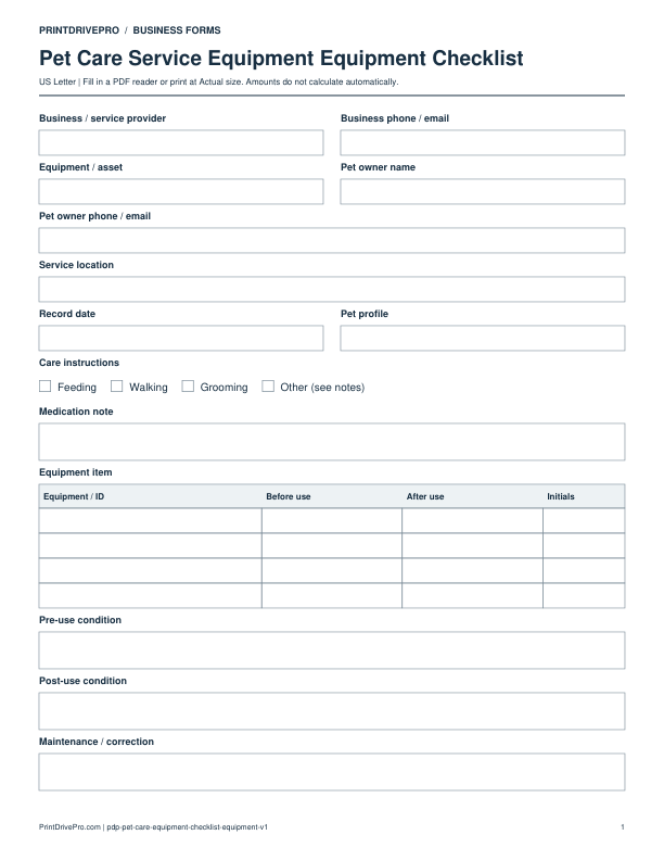 Preview of Pet Care Service Equipment Equipment Checklist