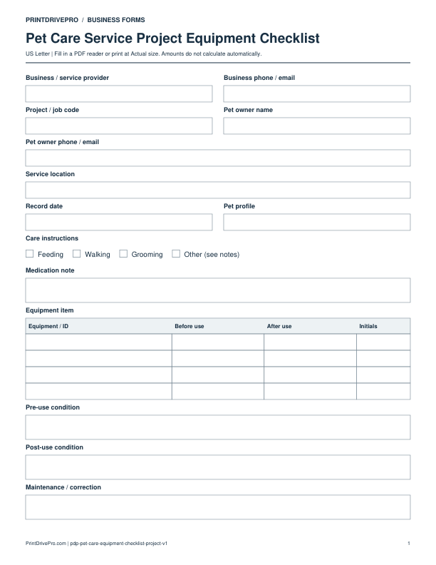 Preview of Pet Care Service Project Equipment Checklist