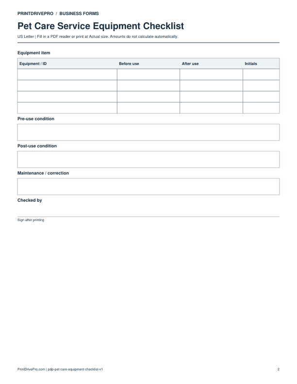 Page 2 of Pet Care Service Equipment Checklist Printable