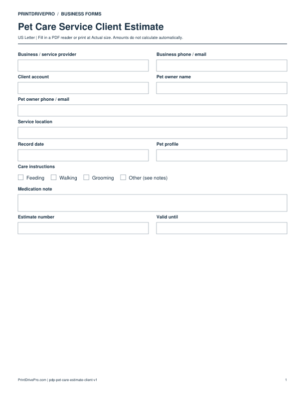 Preview of Pet Care Service Client Estimate