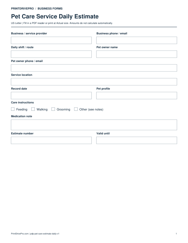 Preview of Pet Care Service Daily Estimate