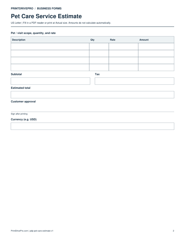 Page 2 of Pet Care Service Estimate Printable