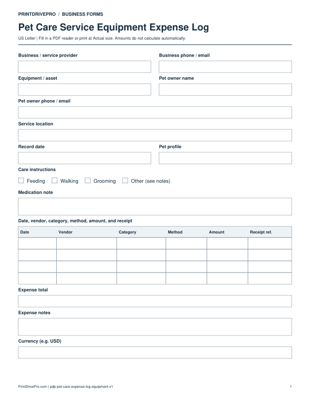 Preview of Pet Care Service Equipment Expense Log
