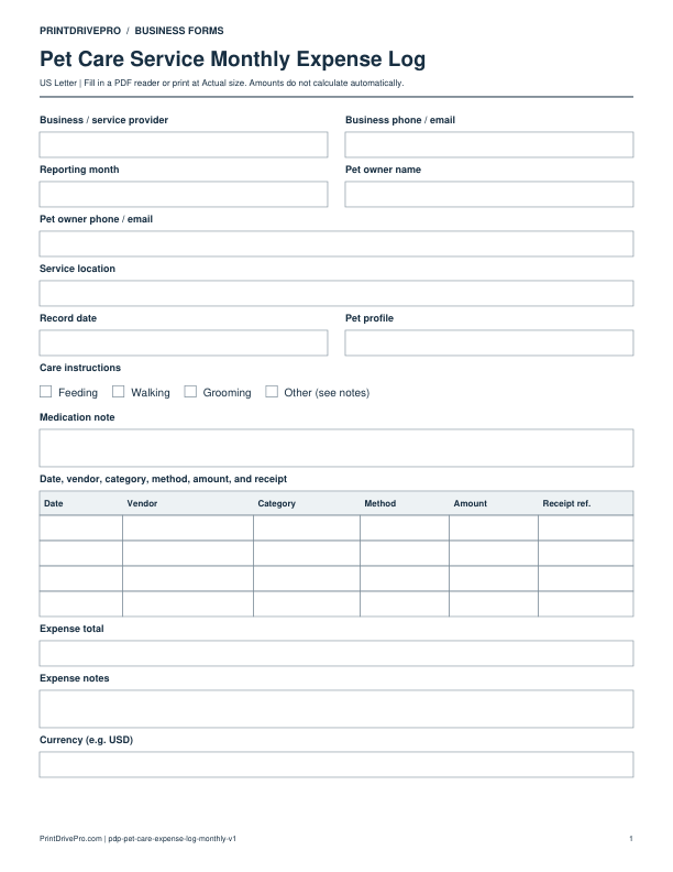 Preview of Pet Care Service Monthly Expense Log
