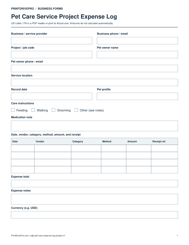 Preview of Pet Care Service Project Expense Log
