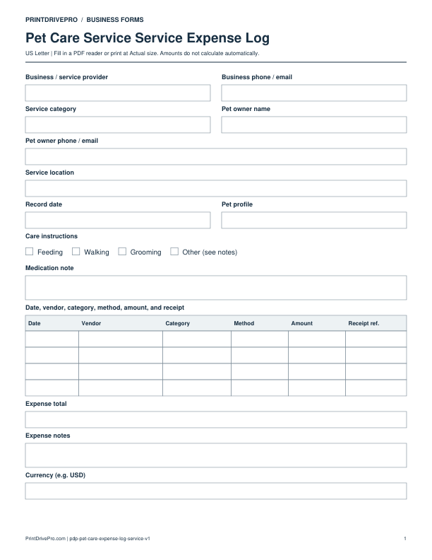 Preview of Pet Care Service Expense Log