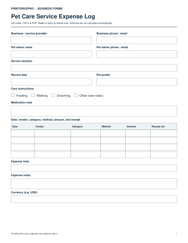 Preview of Pet Care Service Expense Log