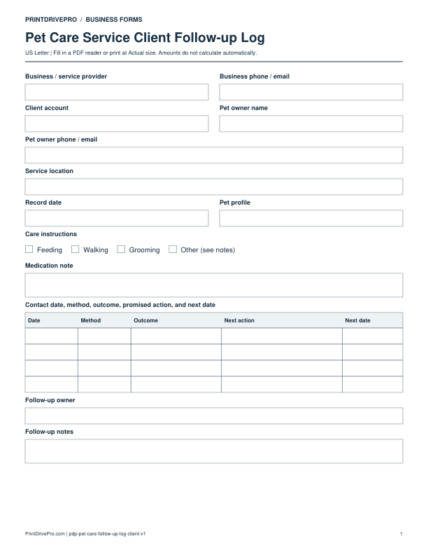 Preview of Pet Care Service Client Follow-up Log