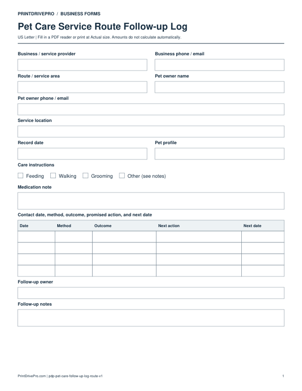 Preview of Pet Care Service Route Follow-up Log