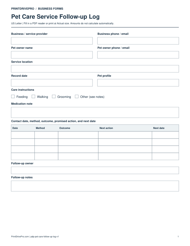 Preview of Pet Care Service Follow-up Log