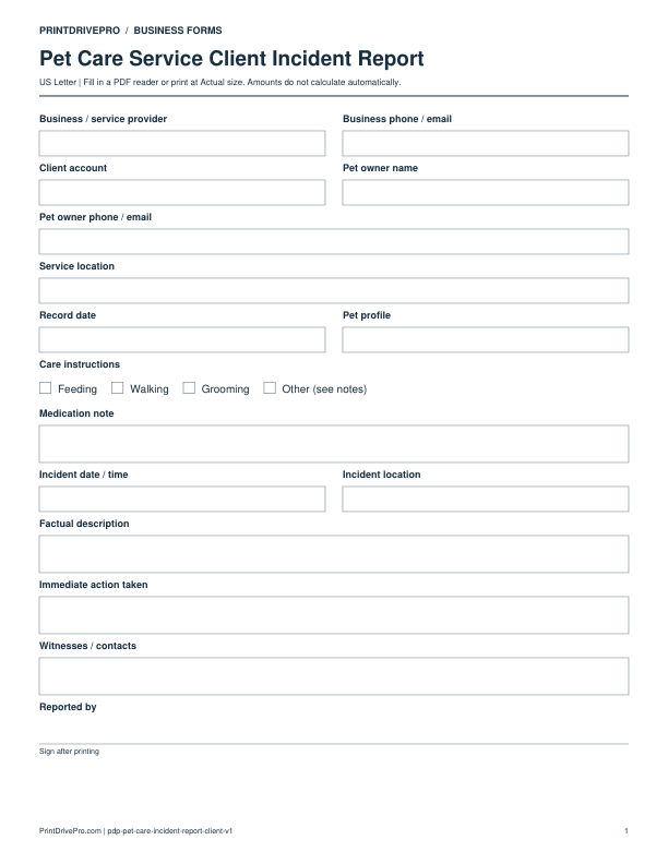 Preview of Pet Care Service Client Incident Report