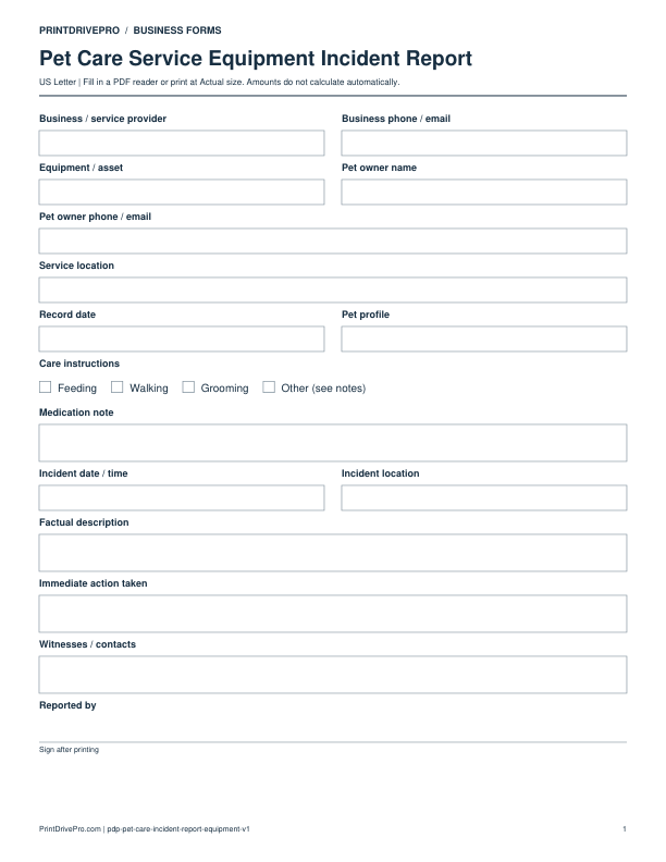 Preview of Pet Care Service Equipment Incident Report