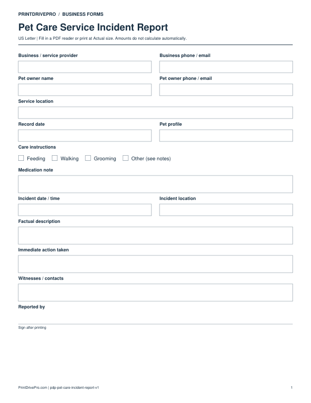 Preview of Pet Care Service Incident Report