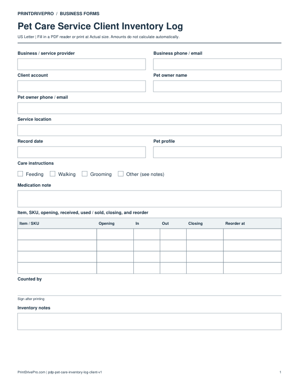 Preview of Pet Care Service Client Inventory Log