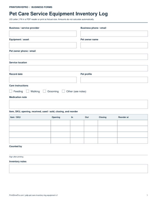 Preview of Pet Care Service Equipment Inventory Log