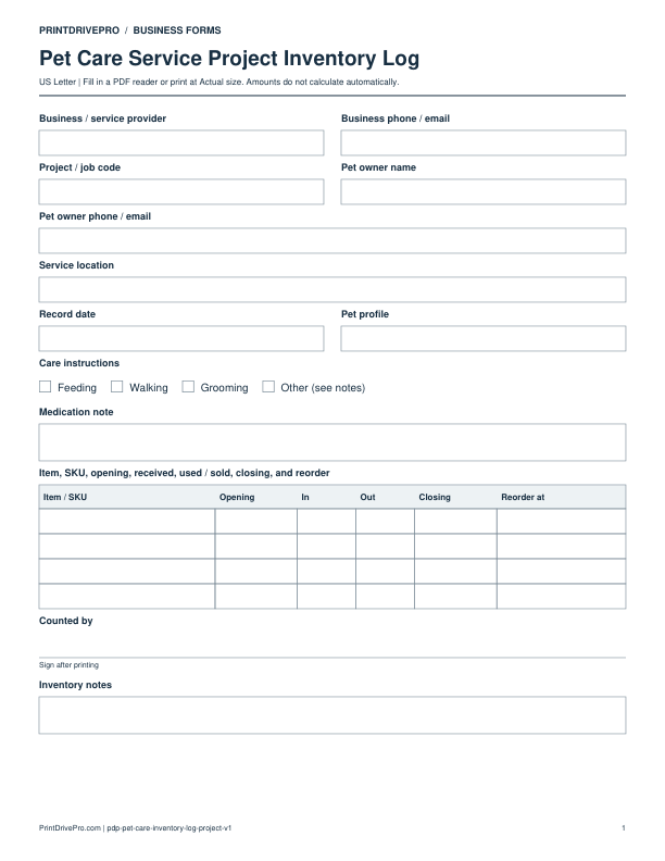 Preview of Pet Care Service Project Inventory Log