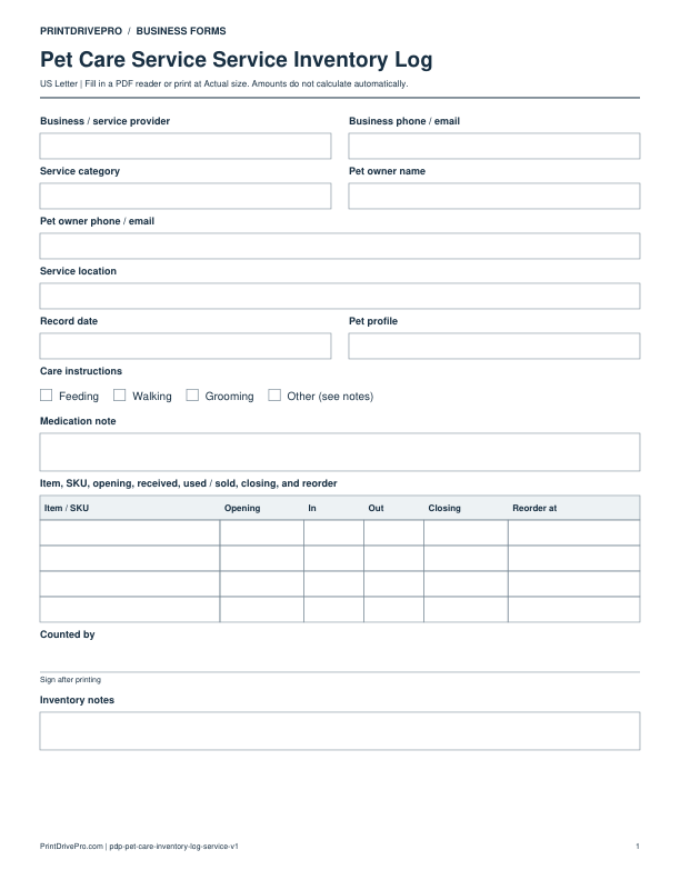 Preview of Pet Care Service Inventory Log