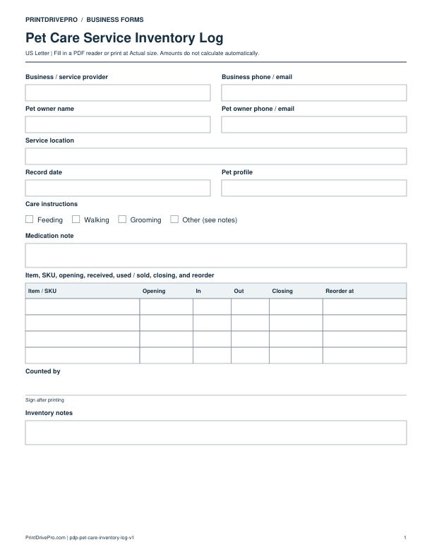 Preview of Pet Care Service Inventory Log