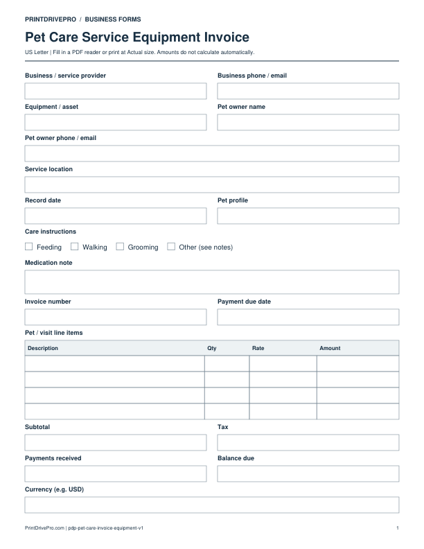 Preview of Pet Care Service Equipment Invoice
