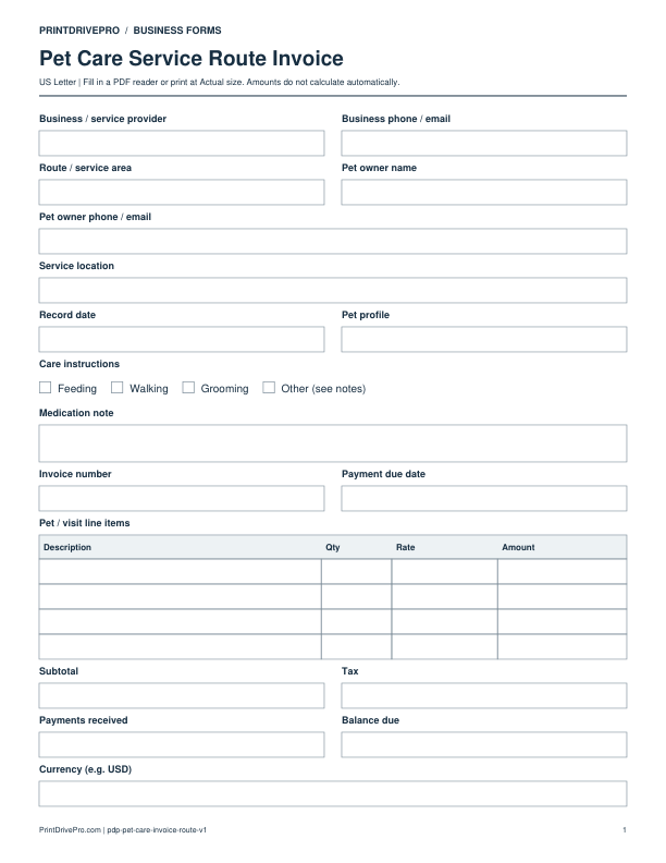 Preview of Pet Care Service Route Invoice