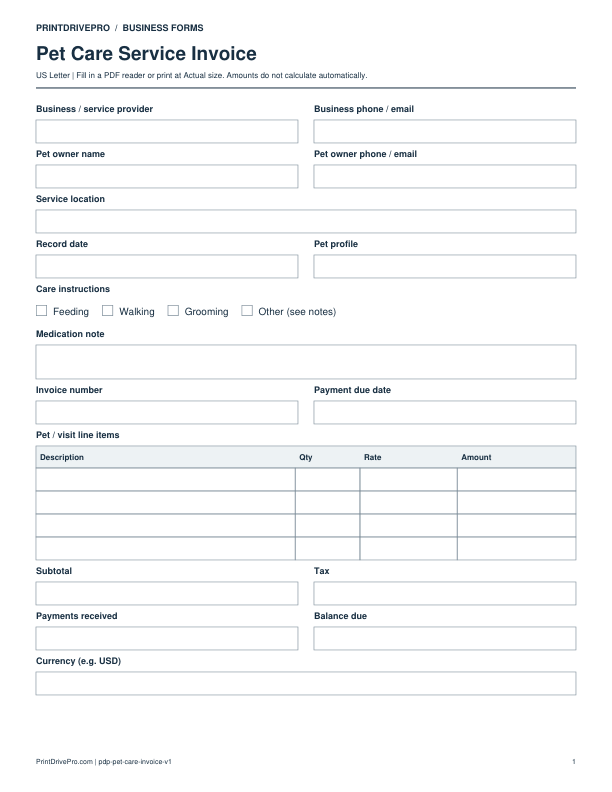 Preview of Pet Care Service Invoice