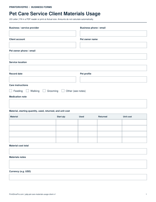 Preview of Pet Care Service Client Materials Usage