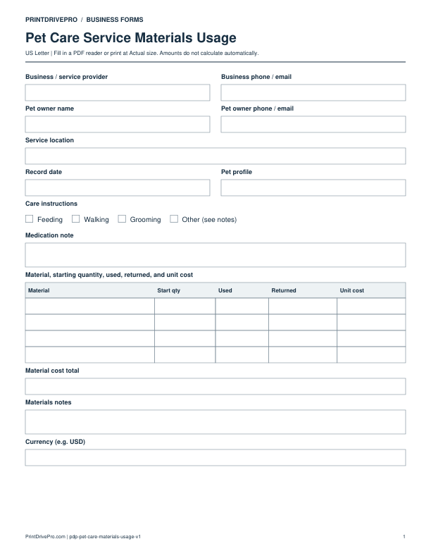 Preview of Pet Care Service Materials Usage