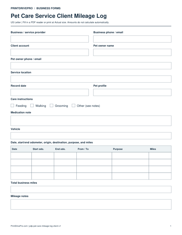 Preview of Pet Care Service Client Mileage Log