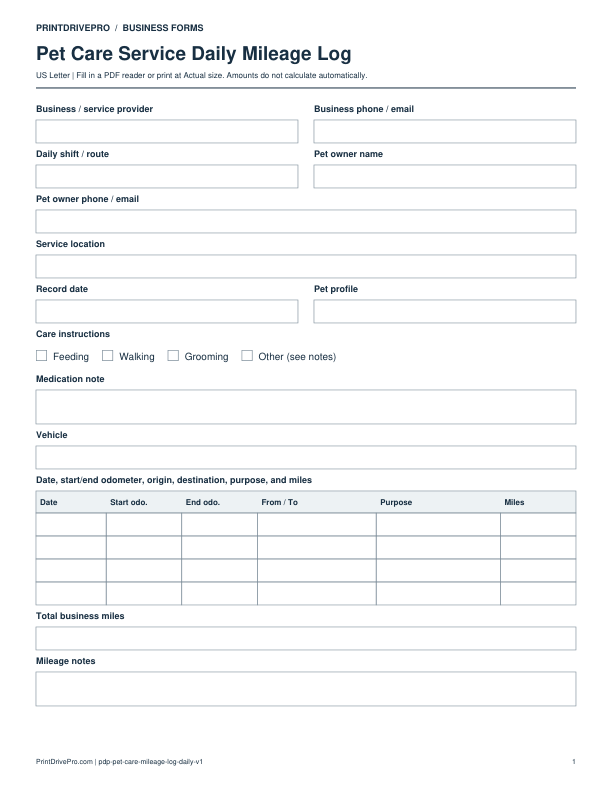 Preview of Pet Care Service Daily Mileage Log