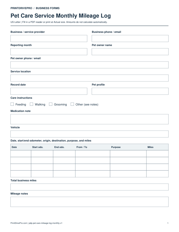 Preview of Pet Care Service Monthly Mileage Log