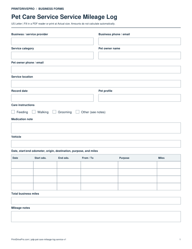 Preview of Pet Care Service Mileage Log