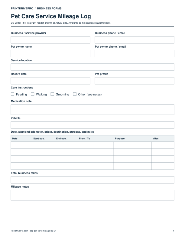 Preview of Pet Care Service Mileage Log