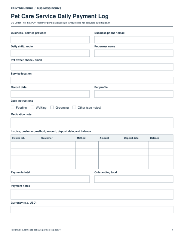 Preview of Pet Care Service Daily Payment Log