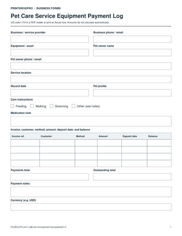Preview of Pet Care Service Equipment Payment Log
