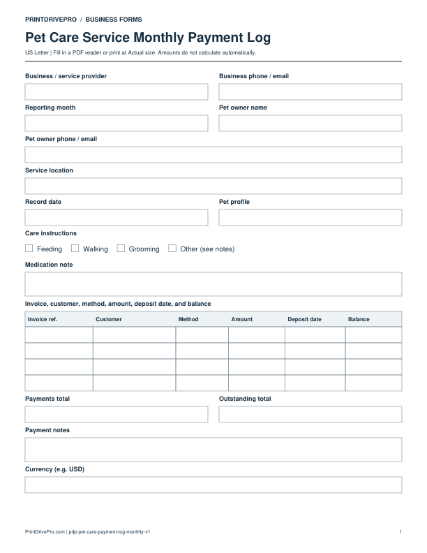 Preview of Pet Care Service Monthly Payment Log