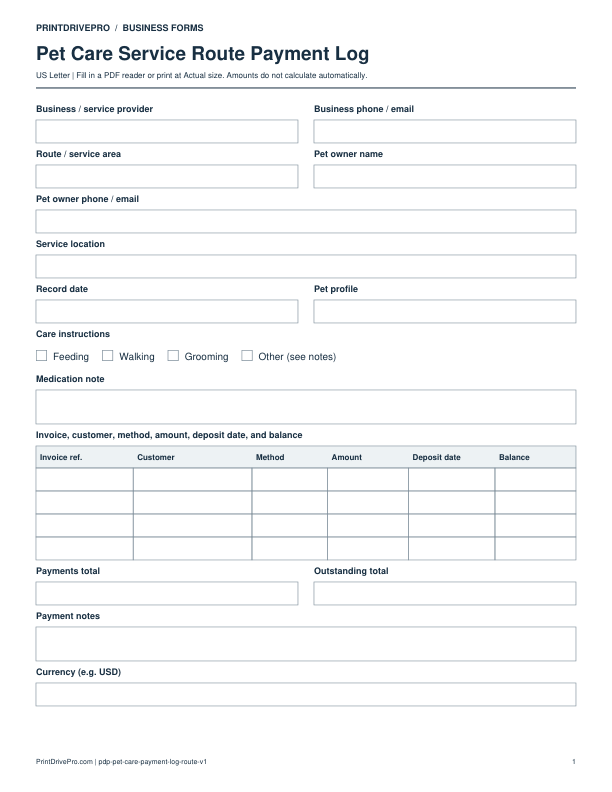 Preview of Pet Care Service Route Payment Log