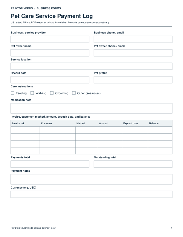 Preview of Pet Care Service Payment Log