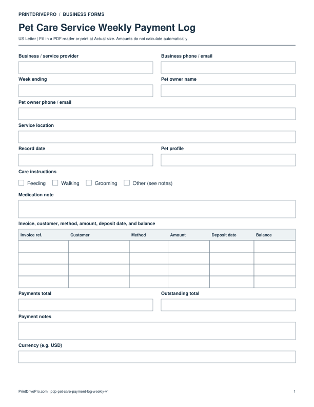 Preview of Pet Care Service Weekly Payment Log