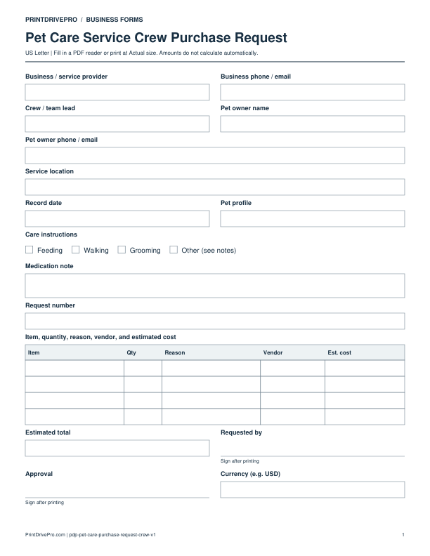 Preview of Pet Care Service Crew Purchase Request